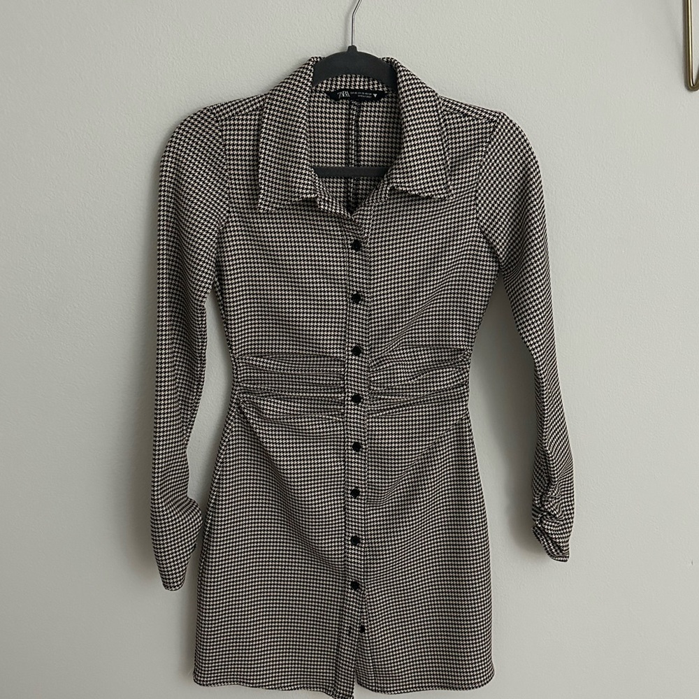 Zara Houndstooth Button Up Mini Dress